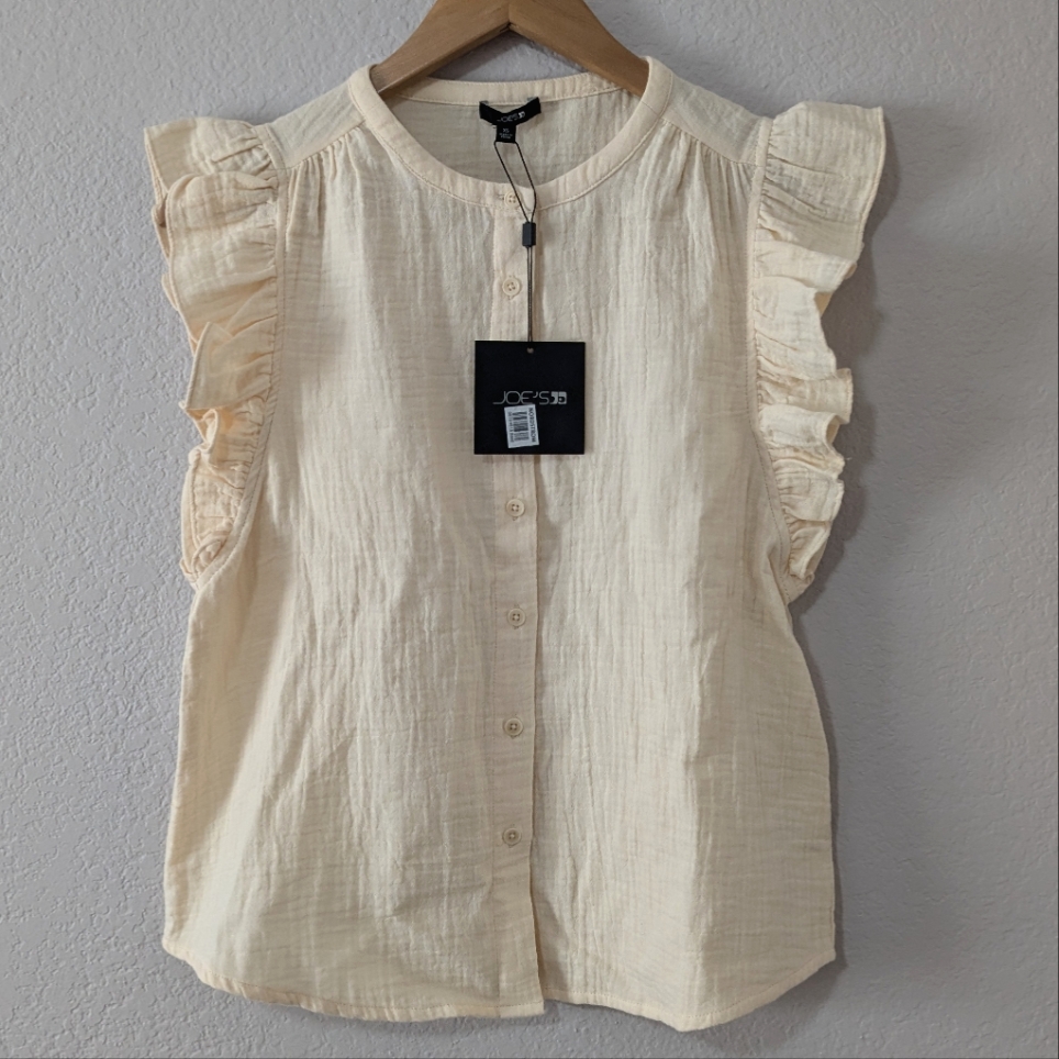 Joe's Jeans Ruffle Cap Sleeve Button Down Top, Cream, Xs